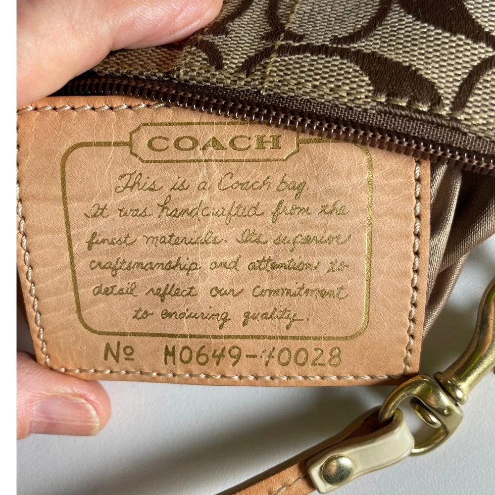 Coach Signature C Monogram Wristlet Pouch Brown Tan‎ Canvas Leather Strap